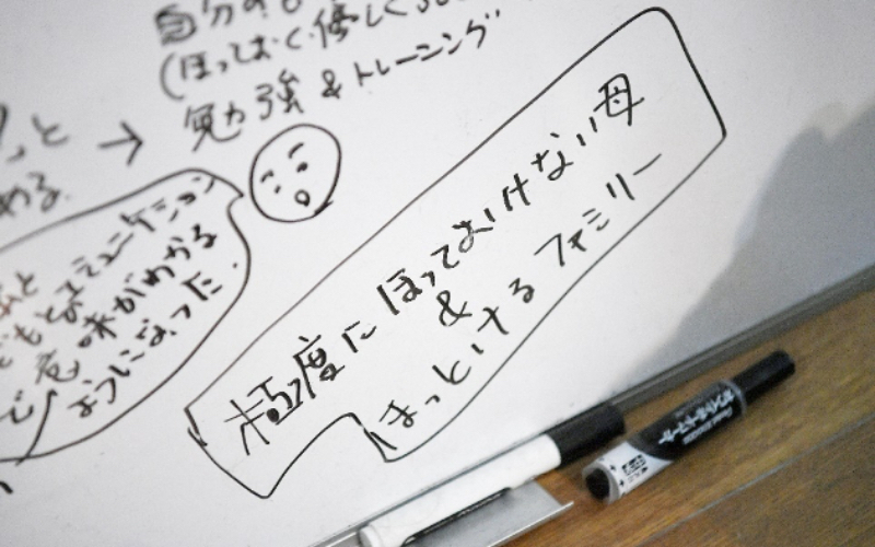 ホワイトボードには、直巨さんは自分の性格を「極度にほっておけない母」と表現